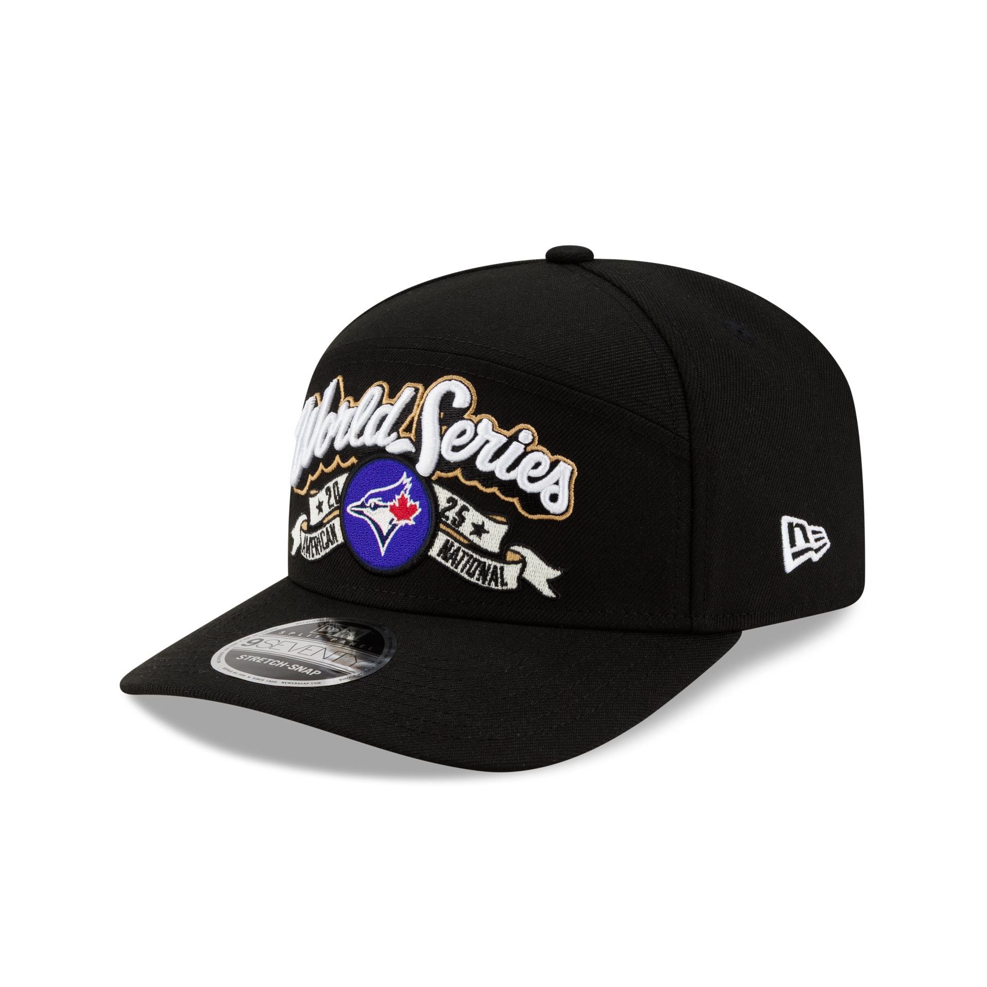 60861687_9SEVENTY_ML3QR5LCSCHAMPS_TORJAY_BLK_3QL Toronto Blue Jays 2025 League Championship Series Locker Room Split Panel 9SEVENTY Stretch-Snap Hat - Image 1